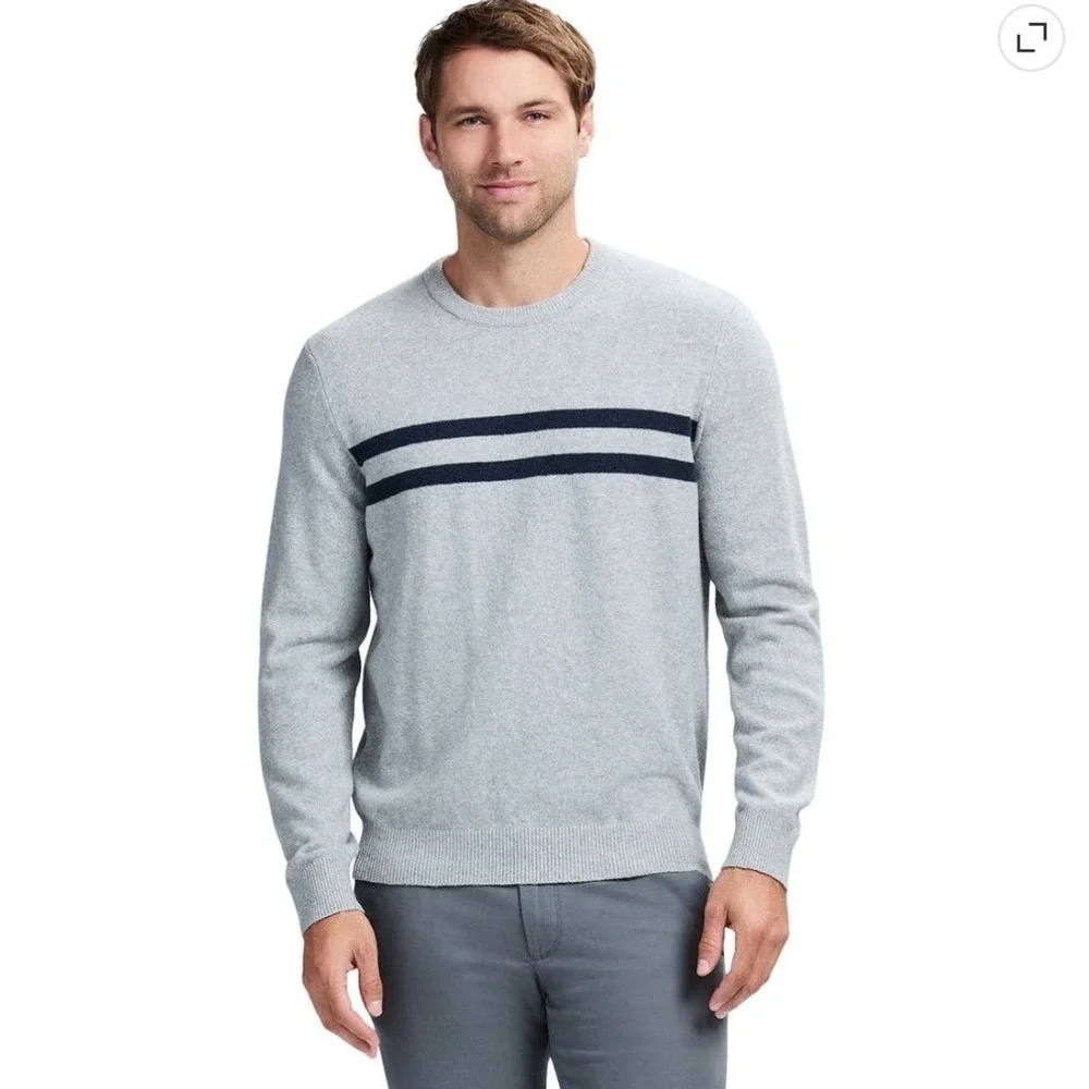 IZOD Preppy Collegiate Sweater Gray Navy Blue Chest Stripes Cotton Blend Large